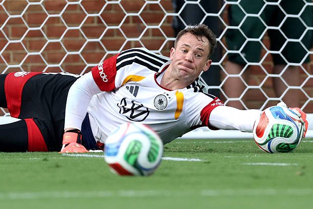WINSTON-SALEM, NORTH CAROLINA - JUNE 08: Manuel Neuer of Team Germany safes the ball during a Team Germany training session at W. Dennie Spry Soccer Stadium on June 08, 2026 in Winston-Salem, North Carolina.