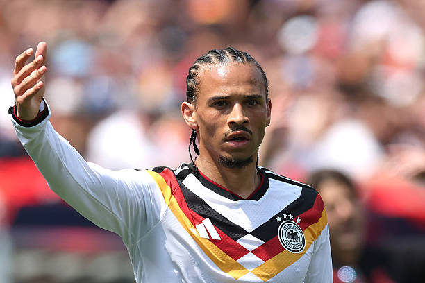 CHICAGO, ILLINOIS - JUNE 06: Leroy Sane of Germany reacts during the international friendly match between United States and Germany at Soldier Field on June 06, 2026 in Chicago, Illinois.