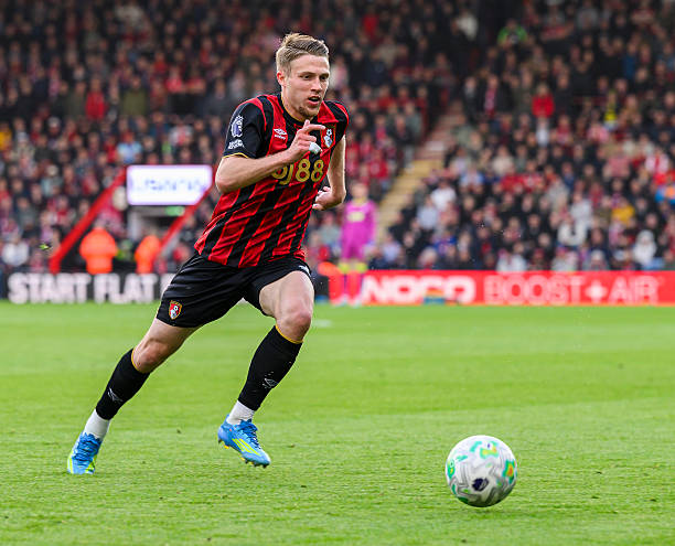 Adrien Truffert (AFC Bournemouth) soccer players who run the most BOURNEMOUTH, ENGLAND - MAY 19: Bournemouth's Adrien Truffert during the Premier League match between Bournemouth and Manchester City at Vitality Stadium on May 19, 2026 in Bournemouth, United Kingdom.