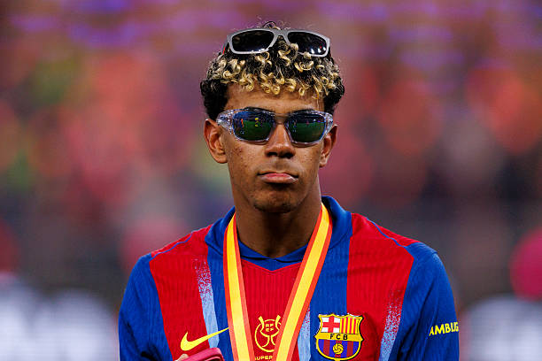 JEDDAH, SAUDI ARABIA - JANUARY 11: Lamine Yamal of FC Barcelona celebrates following the Spanish Super Cup Final match between FC Barcelona and Real Madrid CF at King Abdullah Sports City Hall Stadium on January 11, 2026 in Jeddah, Saudi Arabia.