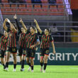 FAR Rabat's players celebrate after scoring during the CAF Women's Champions League 3rd place football match between FAR Rabat and Ampen Darkoa at the Amadou Gon Coulibaly stadium in Korhogo, on November 18, 2023.