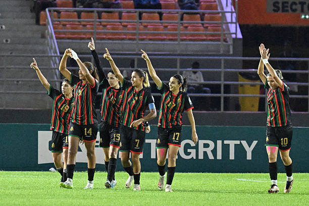 FAR Rabat's players celebrate after scoring during the CAF Women's Champions League 3rd place football match between FAR Rabat and Ampen Darkoa at the Amadou Gon Coulibaly stadium in Korhogo, on November 18, 2023.